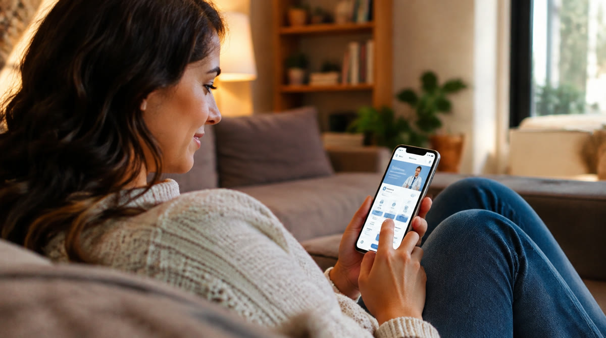 עמוד FAQ למרפאה: מטופל קורא שאלות ותשובות בסמארטפון