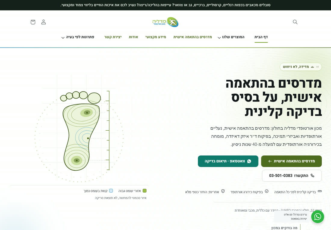 עמוד הבית של מכון אורטופדי מדליה אחרי העבודה — כותרת ברורה, שם הרופא, שתי קריאות לפעולה וטלפון