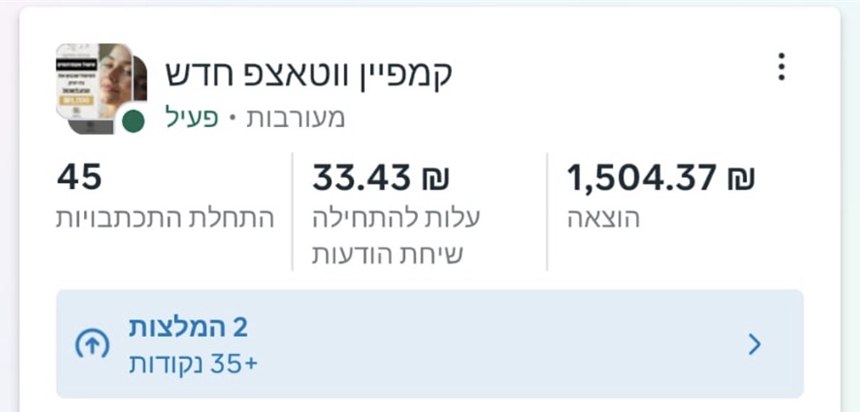 צילום מסך ממנהל המודעות: 45 שיחות וואטסאפ בעלות 33.43 ש״ח לשיחה