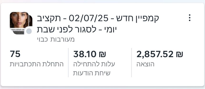 צילום מסך ממנהל המודעות: 75 שיחות וואטסאפ בעלות 38.10 ש״ח לשיחה